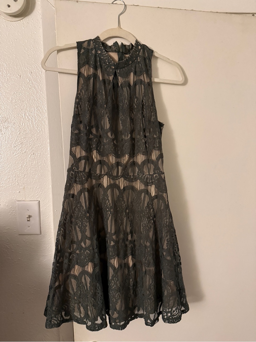 Love Fire Sleeveless Lace Overlay Cocktail Dress in Charcoal Gray and Nude